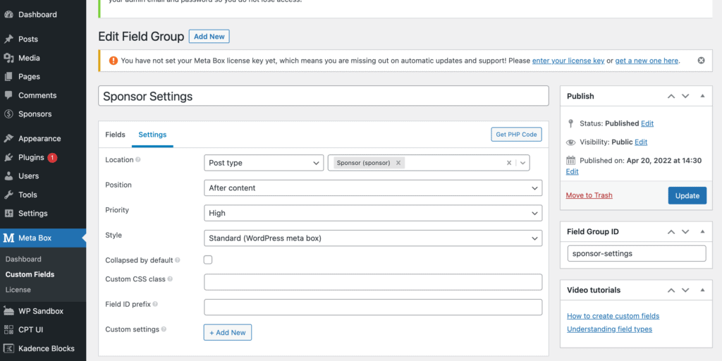 meta box sponsor settings