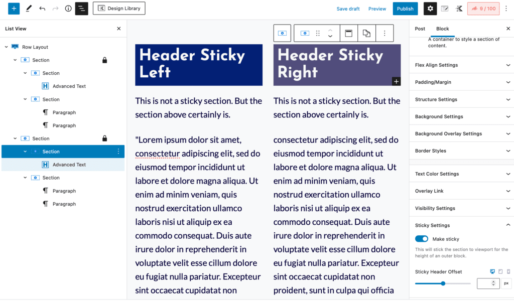 Kadence Sticky Sections